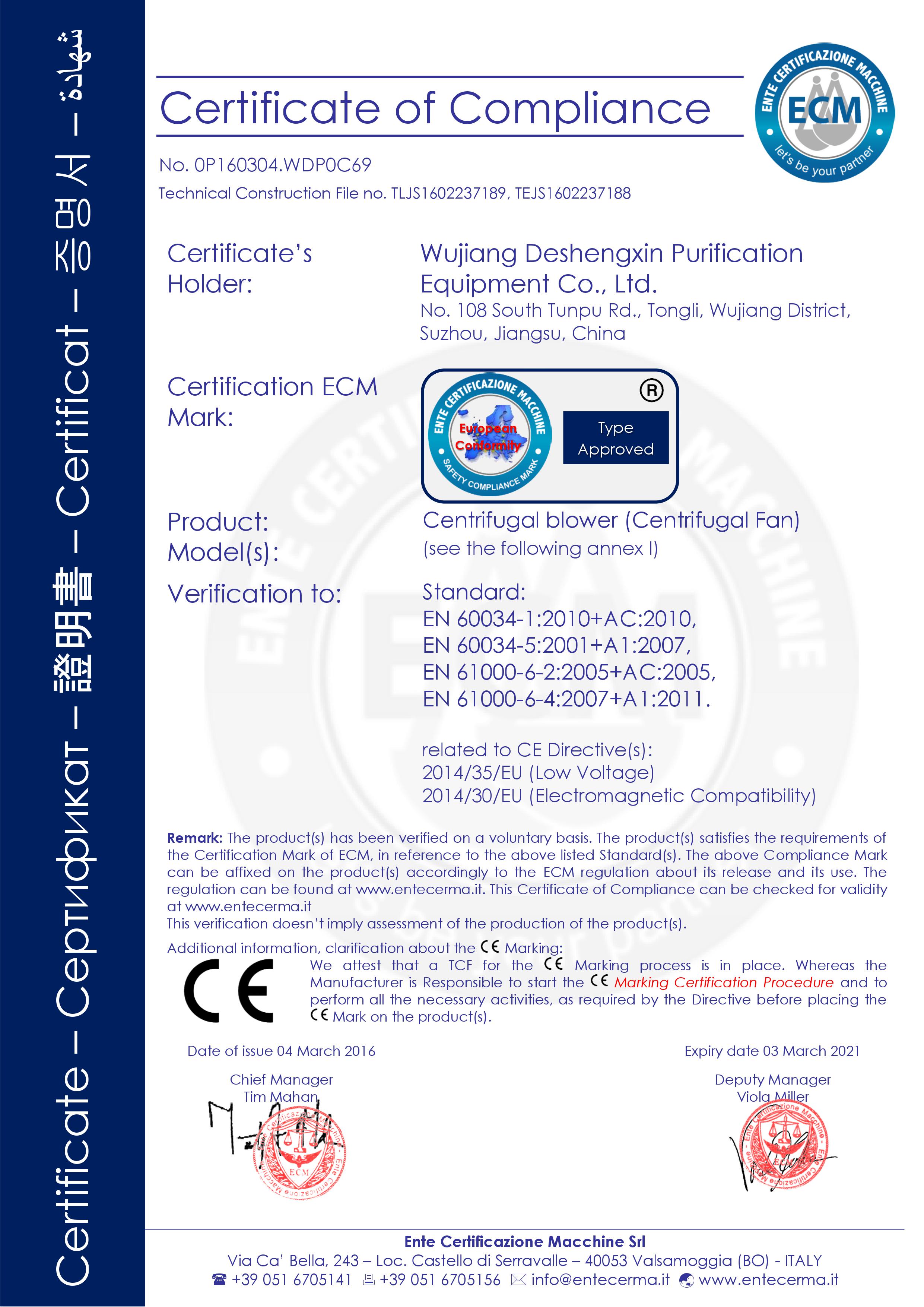 CE CERTIFICATION for blower